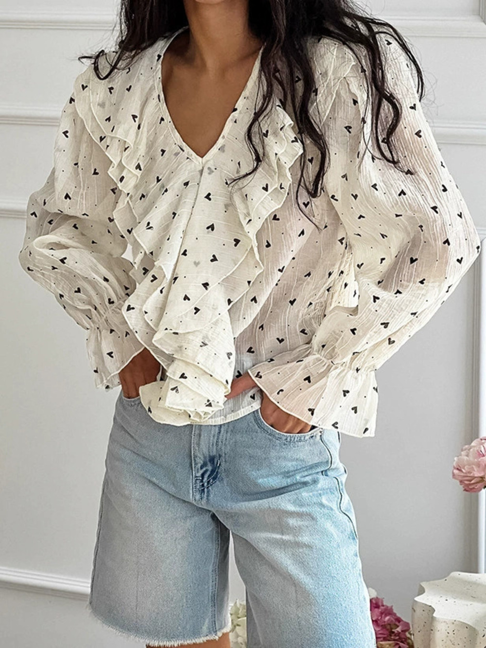 Forever 21 Spring Summer Heart Print Tencel Puff Sleeve Loose Blouse
